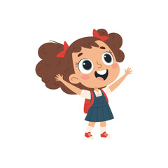 Cute Little Girl Wearing School Uniform with backpack. Having Fun. Kid cartoon vector Illustration