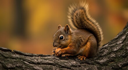 Obraz premium A cute squirrel perched on a tree branch, enjoying a nut amidst the vibrant colors of autumn foliage