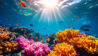 Fototapeta premium Vibrant coral reef teeming with colorful fish, illuminated by sunbeams piercing the crystal-clear ocean water, showcasing marine biodiversity