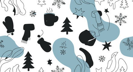 Seamless winter pattern with mittens trees snowflakes and abstract shapes on white perfect for