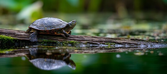 Obraz premium Captivating turtle basking on log in serene pond nature photography for wildlife enthusiasts and nature lovers