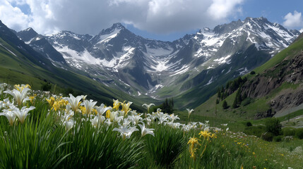 "A breathtaking view of snow-capped mountains towering over a lush green valley. In the foreground, vibrant wildflowers in shades of white and yellow bloom abundantly, adding a touch of color and life