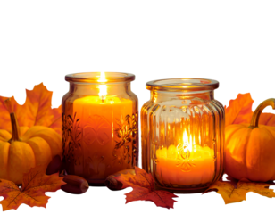 Cozy autumn scene with glowing candles in glass jars surrounded by pumpkins and colorful fall leaves isolated on transparent background