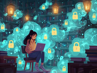 Student using laptop in library surrounded by floating holographic padlocks while studying encryption concepts