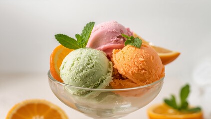 Pastel Colored Delights. A Trio of Iced Confections, Adorned with Zest, Mint.
