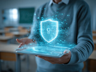 Teacher demonstrates use of a holographic lock on a tablet in a futuristic classroom setting