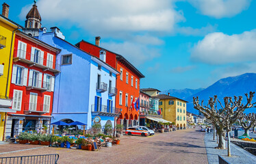 Colored townhouses on lakeside promenade of Ascona, Switzerland
