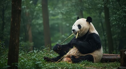 Obraz premium A giant panda is sitting in a forest eating bamboo shoots in its natural habitat