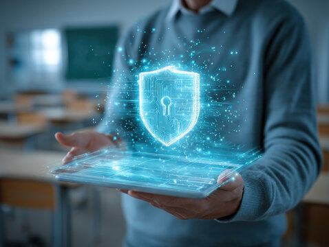 Teacher demonstrates use of a holographic lock on a tablet in a futuristic classroom setting