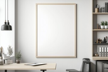 Quadro em branco com moldura de madeira em diferentes ambientes de escritório e home office modernos, decorados com plantas, luminárias e objetos de design, IA generativa