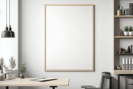 Quadro em branco com moldura de madeira em diferentes ambientes de escrit&oacute;rio e home office modernos, decorados com plantas, lumin&aacute;rias e objetos de design, IA generativa
