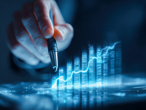 Businessman using a pen to interact with futuristic digital chart displaying rising data trends and financial growth in a high-tech blue environment - Powered by Adobe