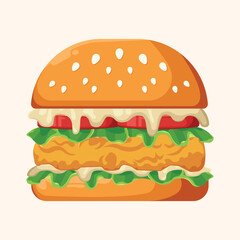 Cartoon-style chicken burger with mayonnaise, lettuce, and tomato slices, isolated vector illustration