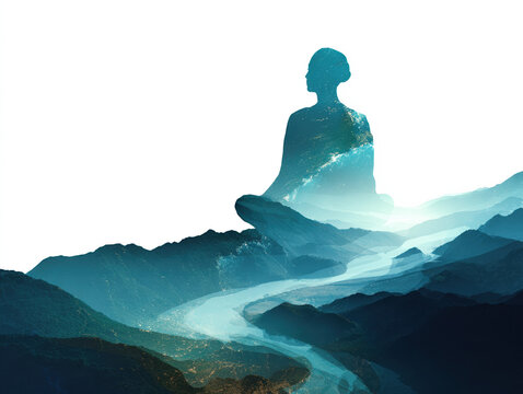 Silhouette of a meditating person harmonizing with flowing rivers and majestic mountains under a dreamy sky