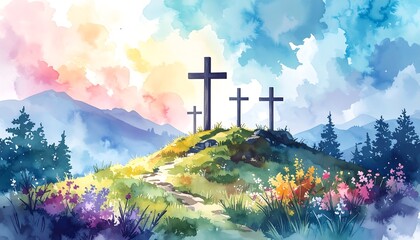 Watercolor landscape with crosses on a hill