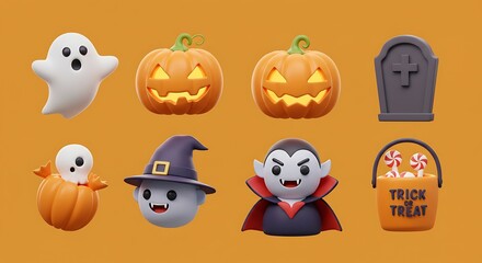 Naklejka premium Cute 3D Halloween Character Icon Set.