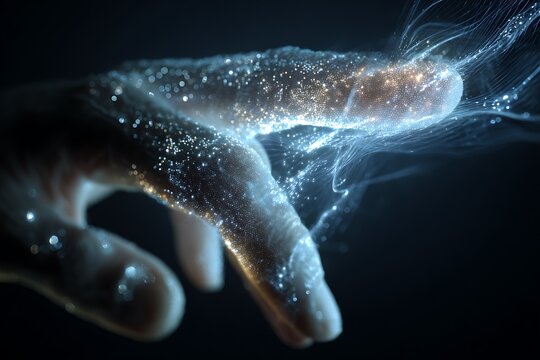 Futuristic hand interacting with electric energy and data streams