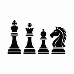 Minimalist black chess pieces king queen pawn knight silhouettes strategic game icons silhouette vector illustration white background