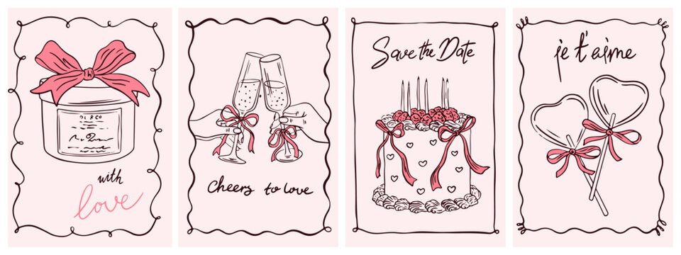 Hand drawn chalk wedding poster. Casual vintage Italian style married party elements for invitations, cards, greetings. Save the date. Vector Ink doodle sketch style illustrations  - Powered by Adobe