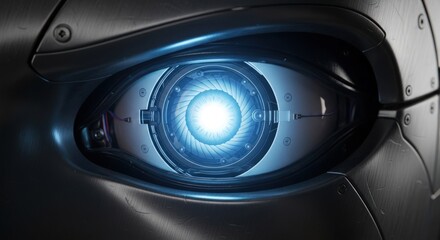 Close up of a futuristic robot eye with a bright blue light and metallic texture