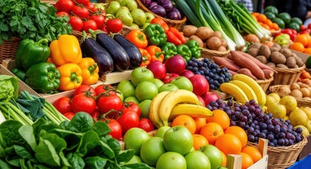 Vibrant Farmer's Market Display: Abundant Fresh Fruits and Vegetables in Rich, Natural Colors