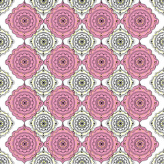Vibrant seamless geometric floral pattern in pink, yellow, and orange tones. Perfect for textile design, wallpaper, gift wrap, digital backgrounds, and decorative projects.