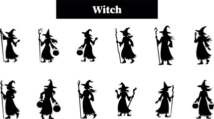 Collection of witch silhouettes in various poses, isolated on transparent background