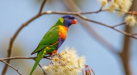 Colorful Rainbow Lorikeet Perched on a Flowering Branch.