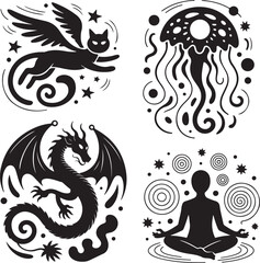 Jellyfish, Tree, Yoga & Dragon Silhouette Vector Bundle