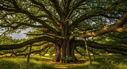 Majestic Ancient Oak Tree with Sprawling Moss-Covered Branches in Golden Hour Sunlight