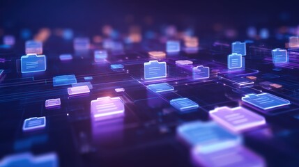 Obraz premium Abstract network grid with files and folders, futuristic software interface, digital document management system, store, search and organize documents, corporate business, paperless office 