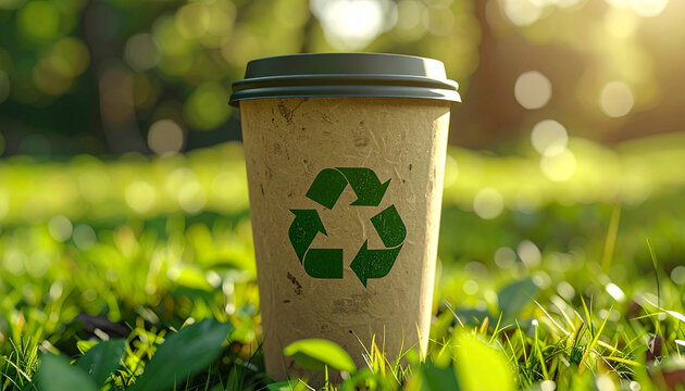 Eco-Friendly Cup in Nature's Embrace: A recyclable coffee cup, adorned with the universally recognized recycling symbol, rests amidst a vibrant green meadow.