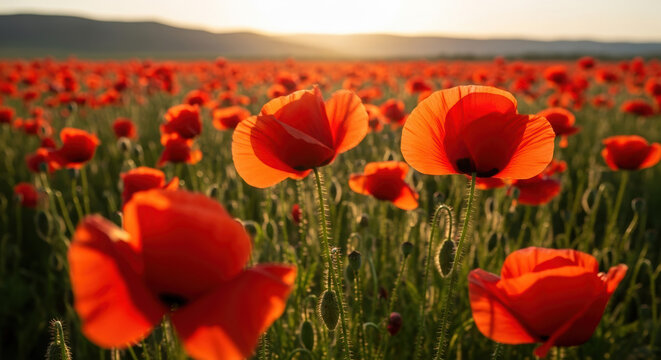 We remember: red poppy field, symbol of remembrance and sacrifice on memorial day. Field of poppies evokes reflection on those who served, with red flowers standing tall.