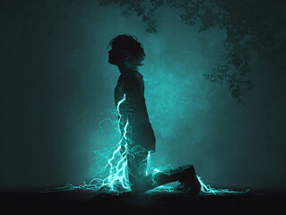 Fototapeta premium Kneeling silhouette surrounded by luminous roots glowing in a dark forest atmosphere