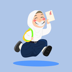 Vector illustration of Indonesian junior high schoolgirl in white hijab holding A plus paper and jumping with joy on blue background. Education success and motivation design.