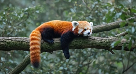 A sleepy red panda lounges on a tree branch, its fur a vibrant mix of orange and black, creating a captivating contrast against the green foliage