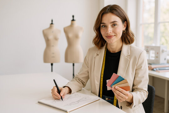 fashion designer sketching with color swatches in bright studio for creative inspiration - Powered by Adobe