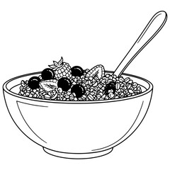 Black and white vector illustration of a healthy breakfast bowl filled with granola, fresh berries (blueberries, raspberries, strawberries), and a spoon, with clean lines on a white background.