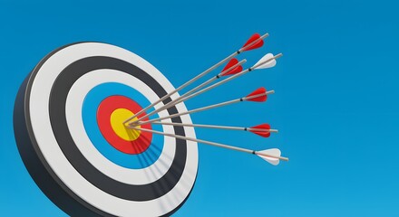 An archery target with multiple arrows. Sports and competition. A game of skill and focus, with several attempts at hitting the mark.