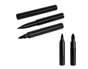 Three black markers and two black pens arranged on a transparent background isolated on transparent background