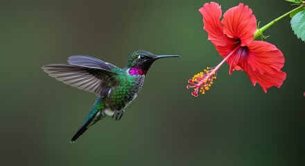 Fototapeta premium A vibrant hummingbird hovers near a bright red hibiscus, its iridescent feathers shimmering in the light, creating a moment of natural beauty