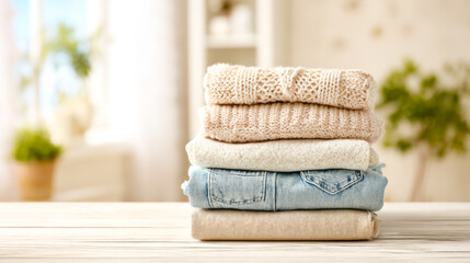 Folded clothes stacked neatly on a wooden surface in a cozy indoor setting