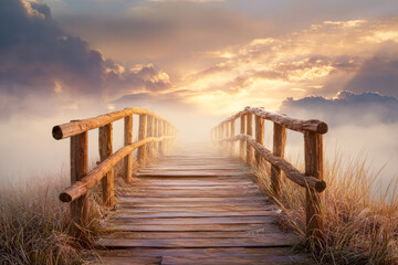 Fototapeta premium Serene sunrise over a rustic wooden bridge leading into a tranquil, misty landscape symbolizing a journey toward peace and new beginnings