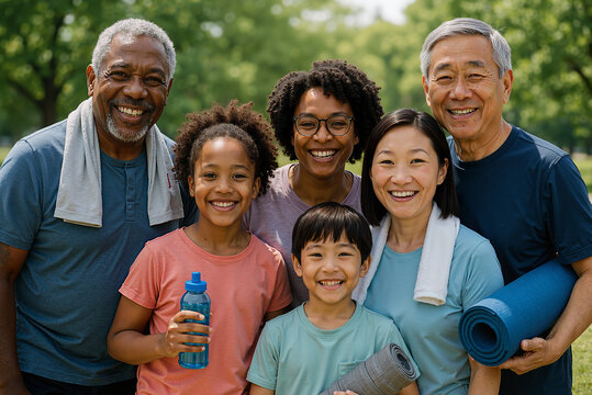 diverse multigenerational family enjoying outdoor yoga session in sunny park