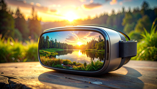 VR Sunset: Virtual reality headset sits on a wooden surface, displaying a stunning virtual sunset over a tranquil lake, surrounded by lush greenery and rolling hills. - Powered by Adobe