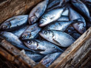 Obraz premium Freshly caught fish in a rustic wooden crate