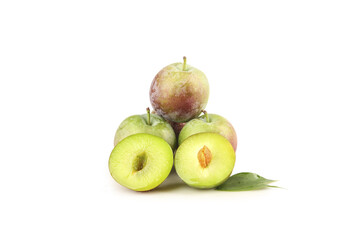 Fresh Red and Green Plums Whole and Sliced Isolated on White Background