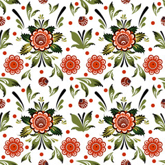 Vector seamless pattern with elements of Gorodets painting, red flowers and berries. Folk art illustration for decoration. Flower pattern on white background for fabrics, paper, textile, gift wrap