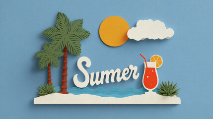 Tropical Scene with Palm Trees, Lounge Chairs, and a Sunlit Sky