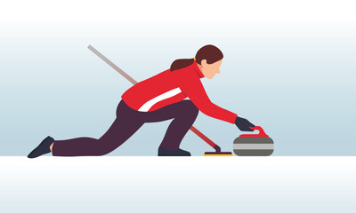 Curling sport. Female athlete sliding stone on ice during curling game, Traditional winter game and Olympic sports concept